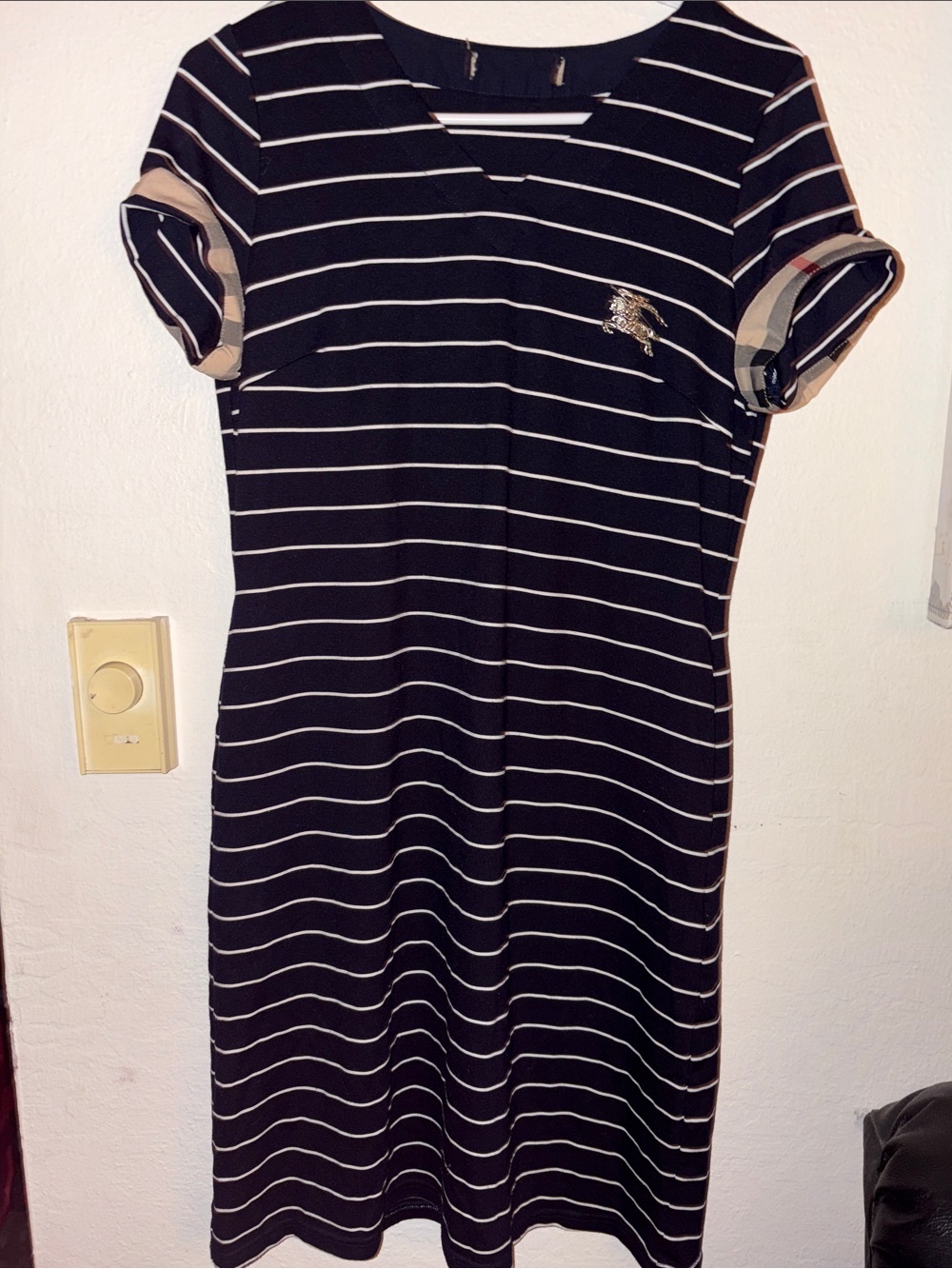 Burberry Striped Knit Dress Navy White Equestrian Knight Logo Plaid Cuffs